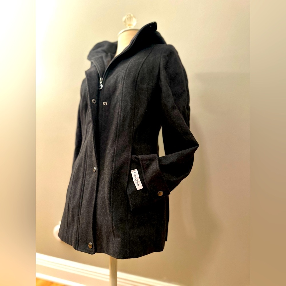 NWT Calvin Klein Charcoal Wool Coat with Detachable Hood women's size 4